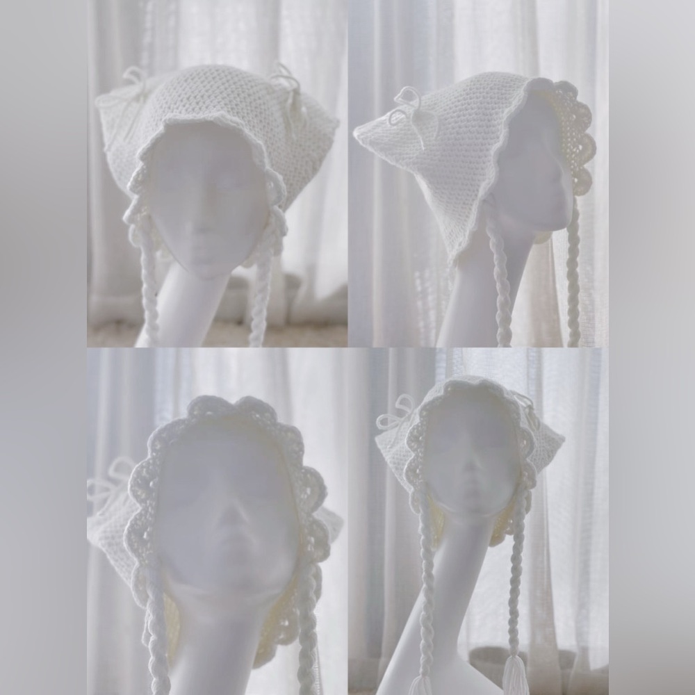 White Crochet Bonnet Cat Ear Hat